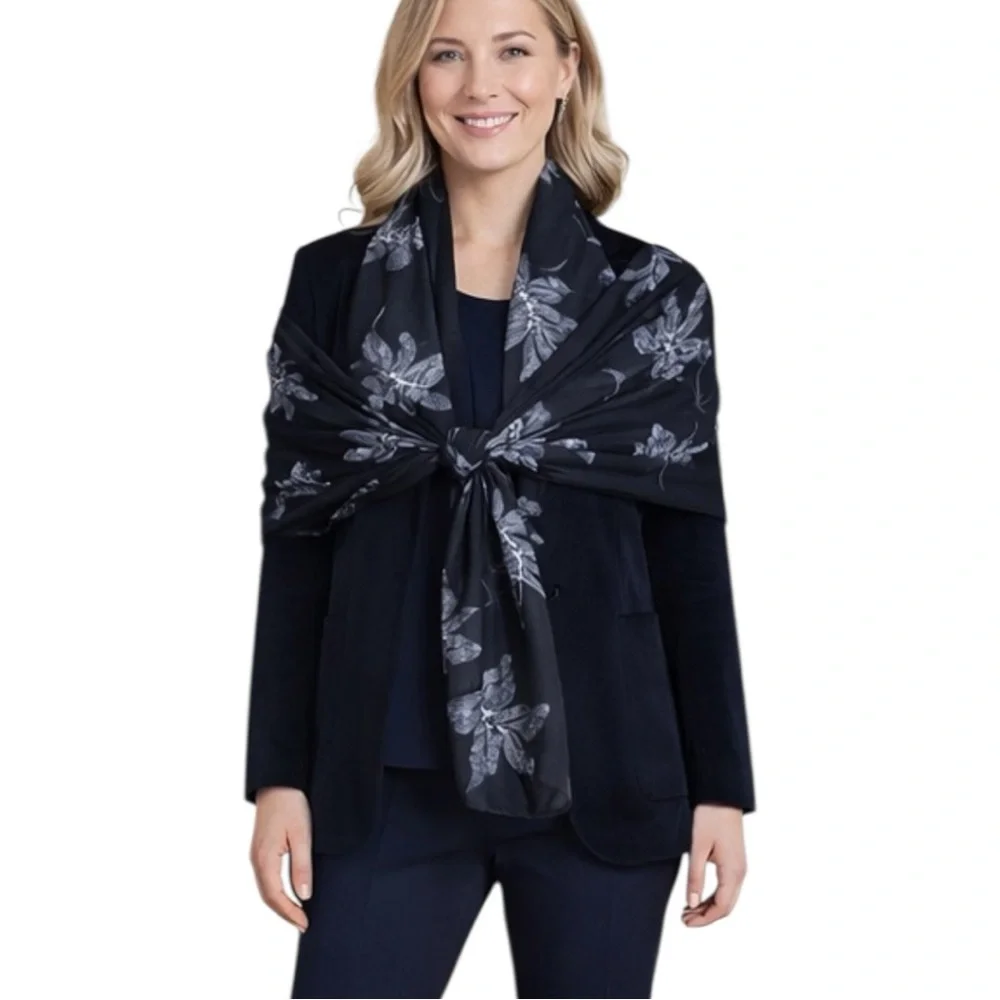NEW Black & Ivory Leaf Print Scarf | Versatile | Lightweight Year Round